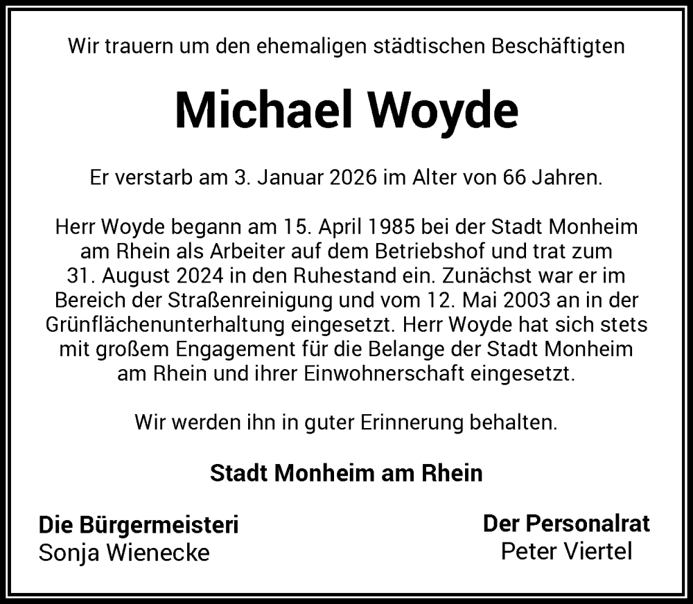 Traueranzeige für Michael Woyde vom 31.01.2026 aus Rheinische Post