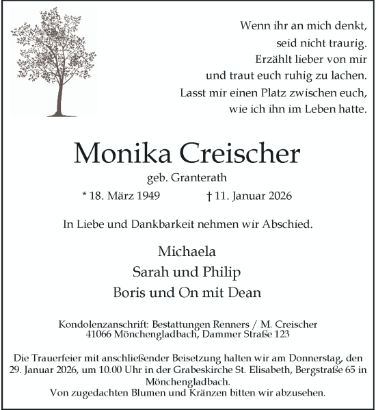 Traueranzeige von Monika Creischer von Rheinische Post
