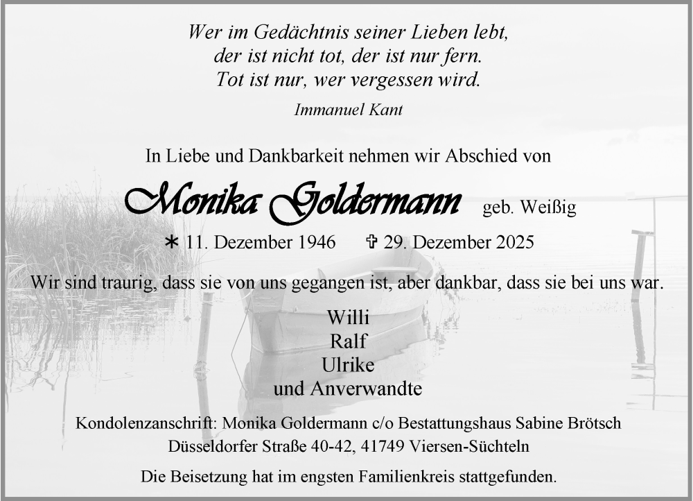  Traueranzeige für Monika Goldermann vom 17.01.2026 aus Rheinische Post