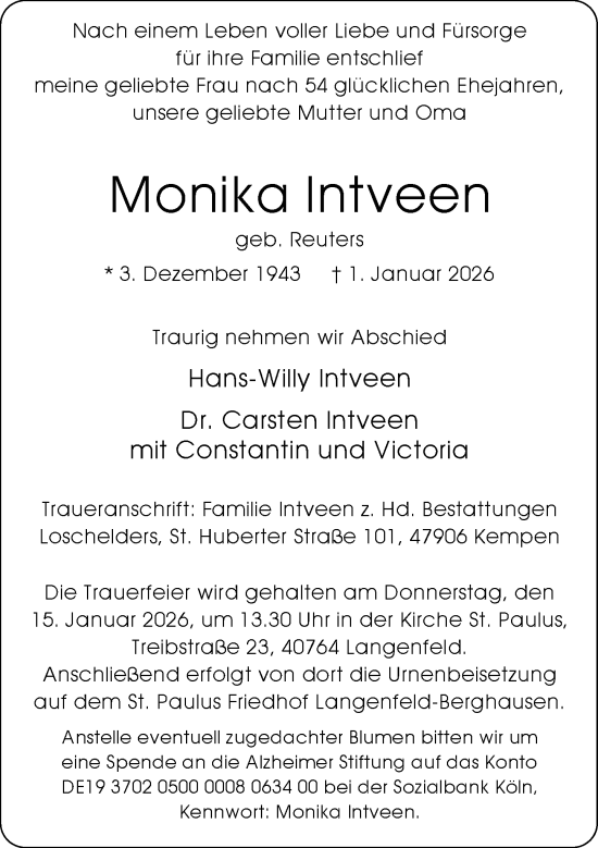 Traueranzeige von Monika Intveen von Rheinische Post