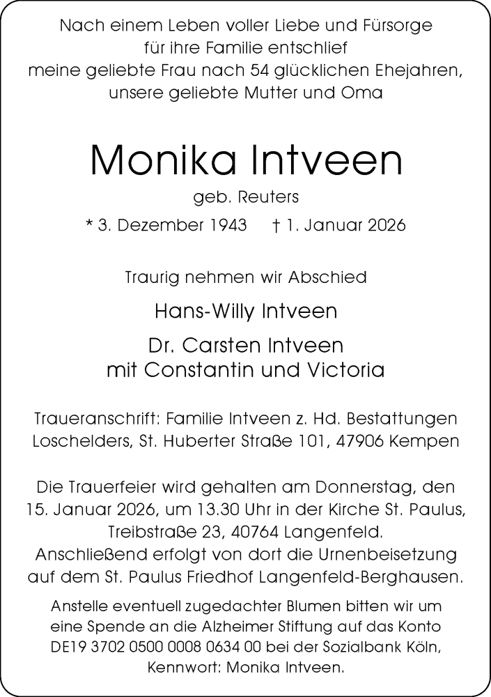  Traueranzeige für Monika Intveen vom 10.01.2026 aus Rheinische Post