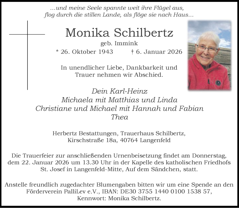  Traueranzeige für Monika Schilbertz vom 17.01.2026 aus Rheinische Post