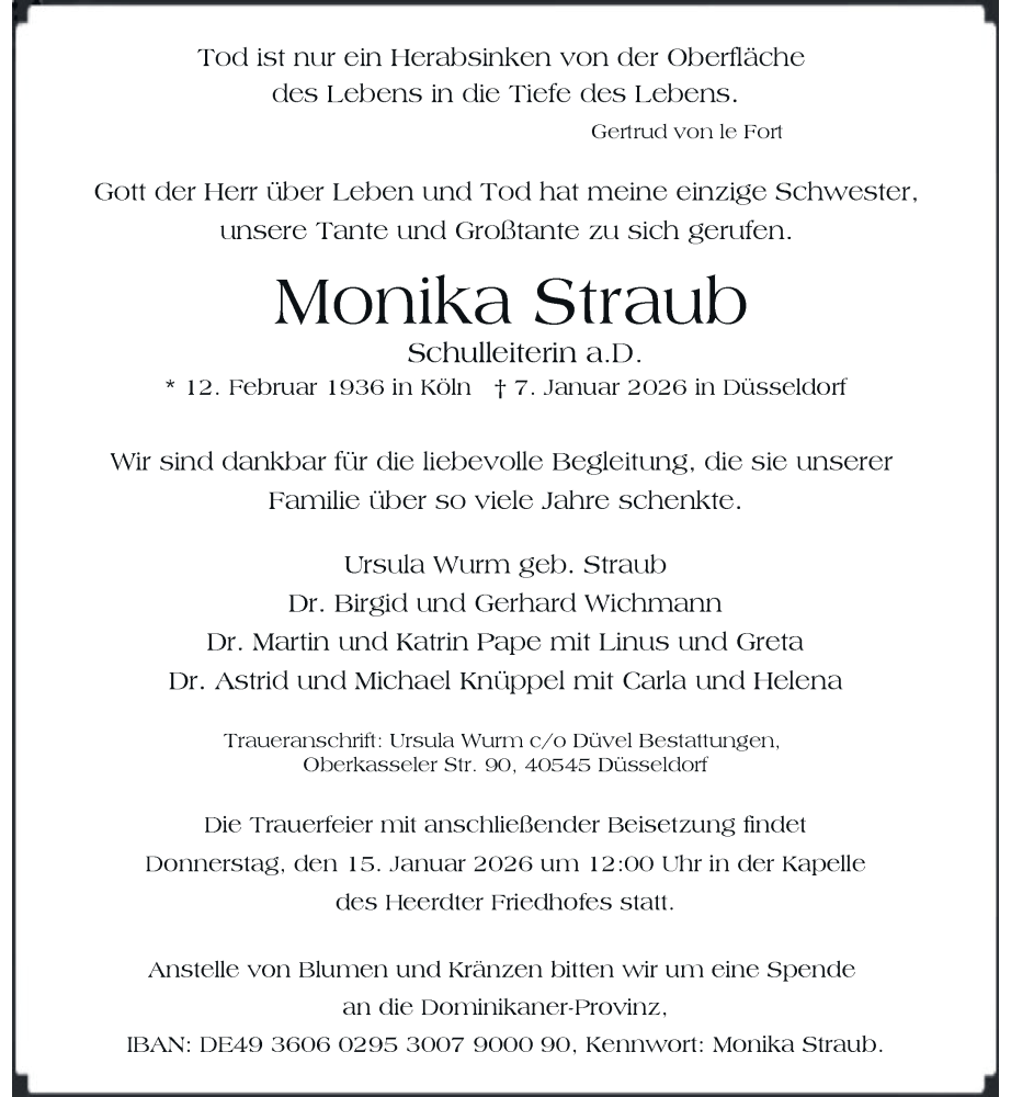  Traueranzeige für Monika Straub vom 13.01.2026 aus Rheinische Post