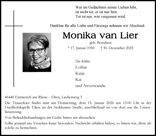 Traueranzeige von Monika van Lier von Rheinische Post
