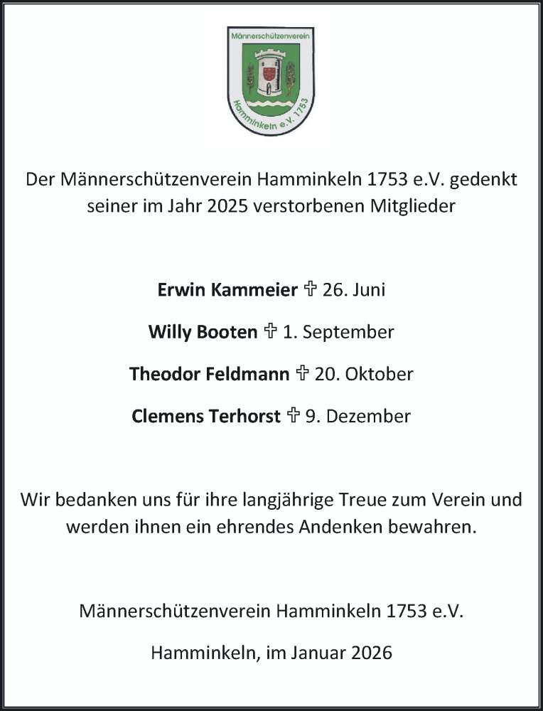  Traueranzeige für Nachruf des Männerschützenverein Hamminkeln 1753 e.V. für das Jahr 2025 vom 29.01.2026 aus Rheinische Post