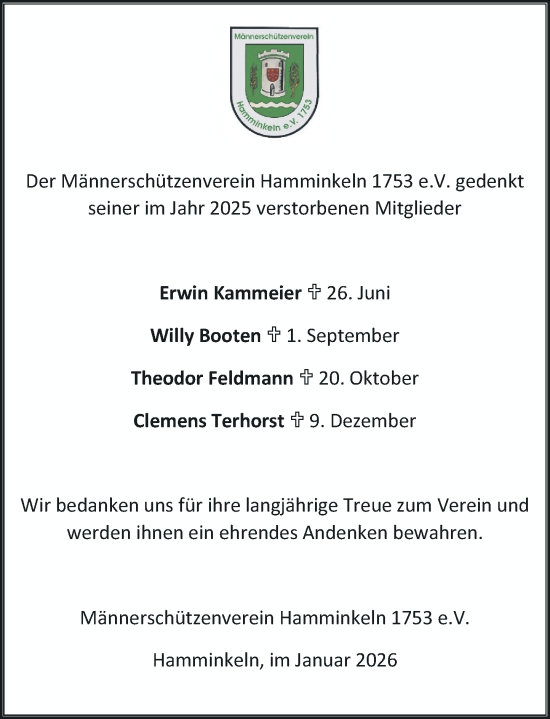 Traueranzeige von Nachruf des Männerschützenverein Hamminkeln 1753 e.V. für das Jahr 2025 von Rheinische Post