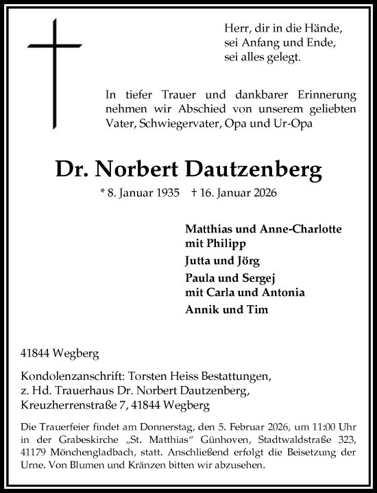 Traueranzeige von Norbert Dautzenberg von Rheinische Post