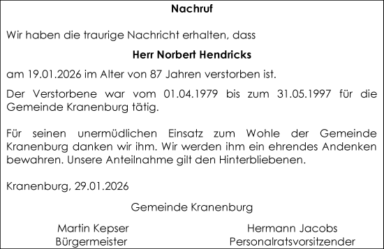 Traueranzeige von Norbert Hendricks von Rheinische Post