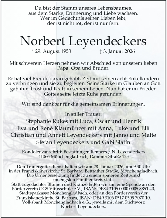 Traueranzeige von Norbert Leyendeckers von Rheinische Post