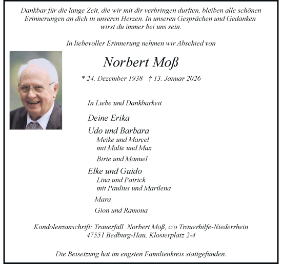 Traueranzeige von Norbert Moß von Rheinische Post