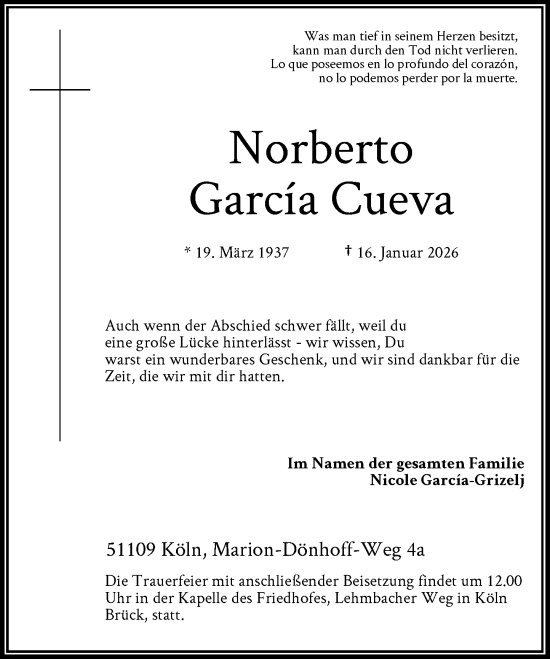 Traueranzeige von Norberto Garcia Cueva von Rheinische Post