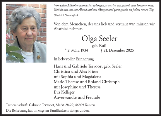 Traueranzeige von Olga Seeler von Rheinische Post