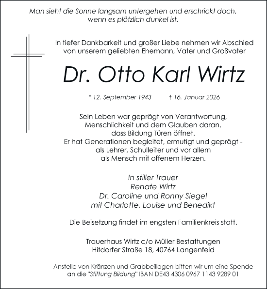 Traueranzeige von Otto Karl Wirtz von Rheinische Post