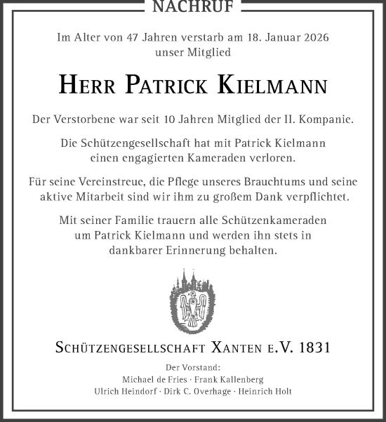 Traueranzeige von Patrick Kielmann von Rheinische Post