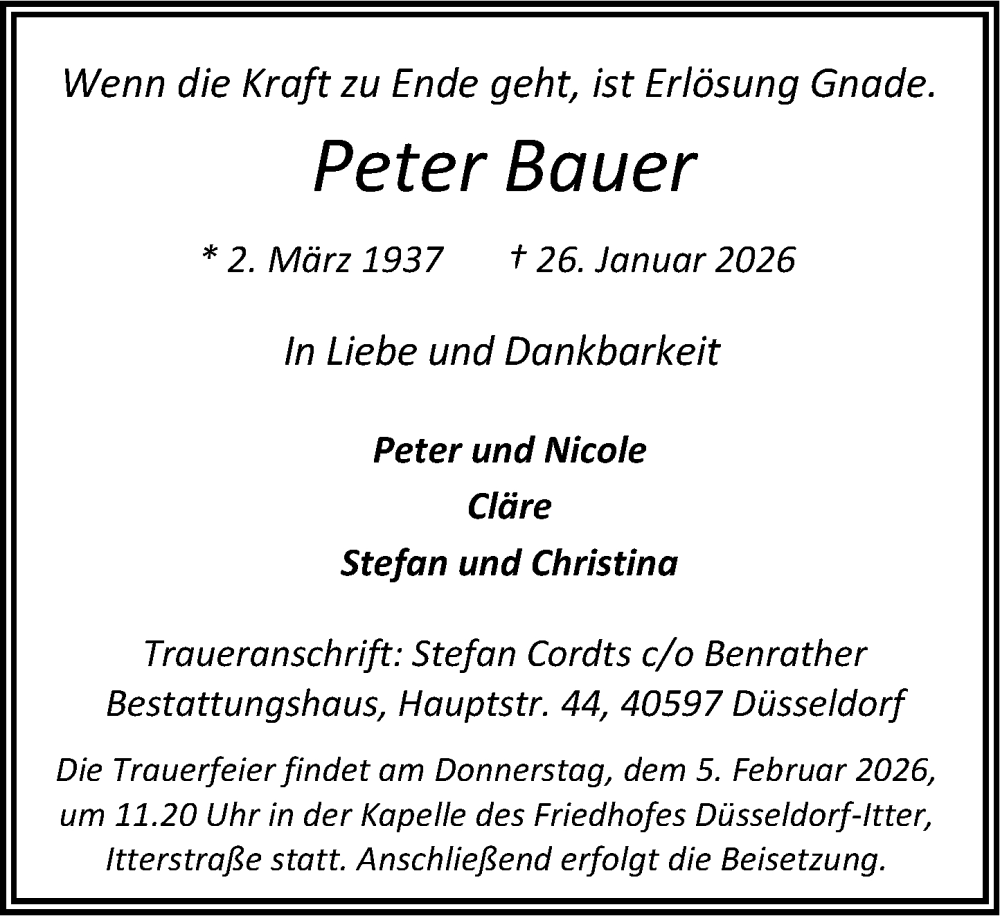  Traueranzeige für Peter Bauer vom 31.01.2026 aus Rheinische Post