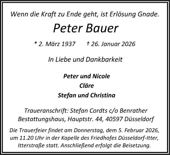 Traueranzeige von Peter Bauer von Rheinische Post