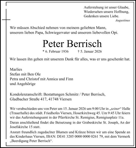 Traueranzeige von Peter Berrisch von Rheinische Post