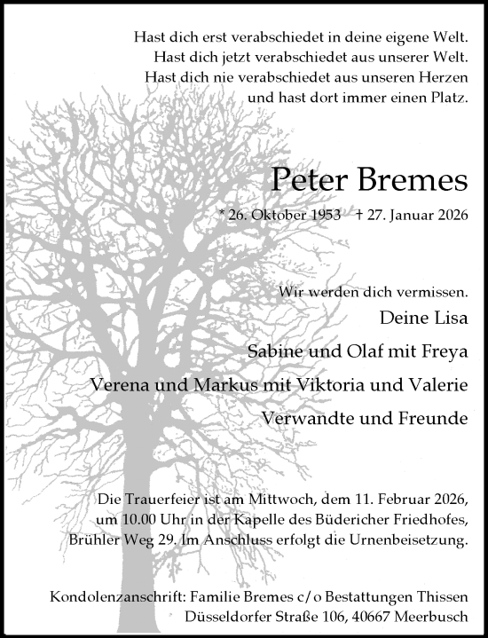 Traueranzeige von Peter Bremes von Rheinische Post