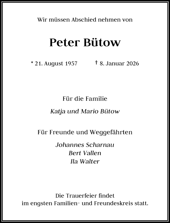 Traueranzeige von Peter Bütow von Rheinische Post