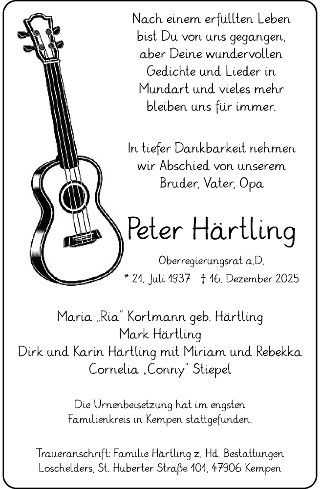  Traueranzeige für Peter Härtling vom 10.01.2026 aus Rheinische Post