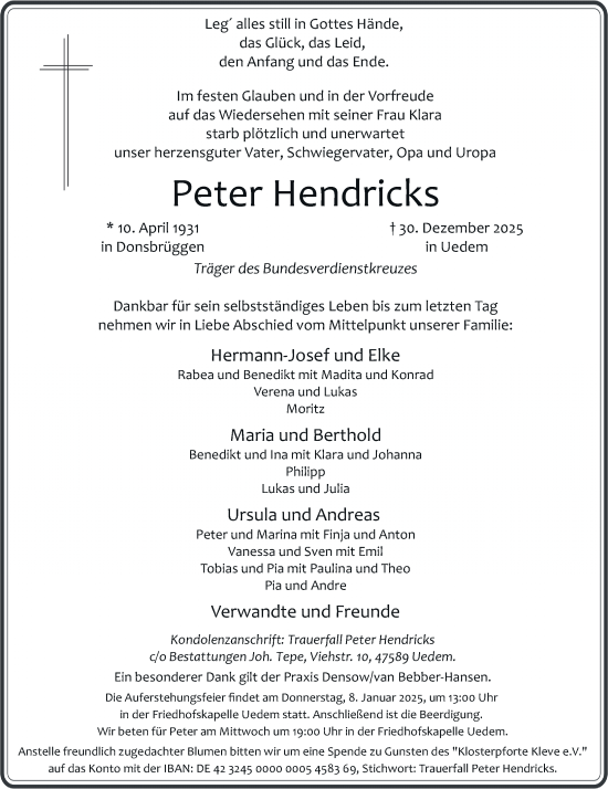Traueranzeige von Peter Hendricks von Rheinische Post