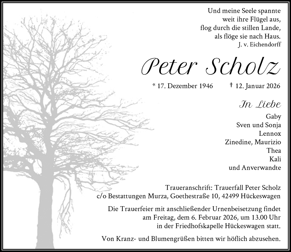  Traueranzeige für Peter Scholz vom 31.01.2026 aus Rheinische Post