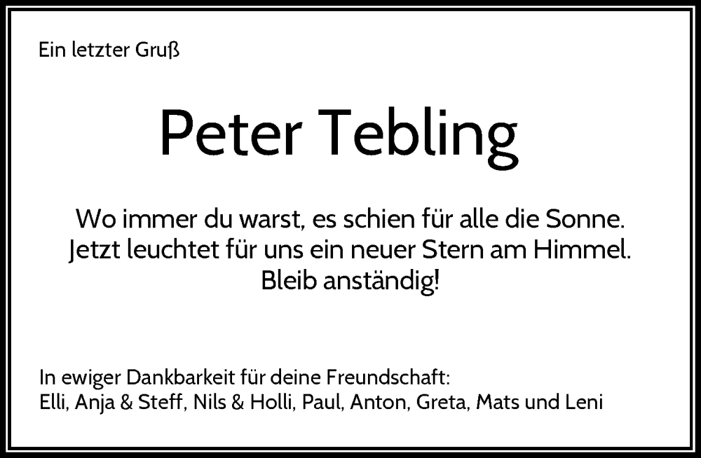  Traueranzeige für Peter Tebling vom 10.01.2026 aus Rheinische Post