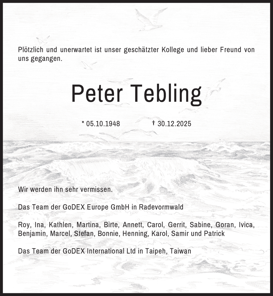  Traueranzeige für Peter Tebling vom 07.01.2026 aus Rheinische Post