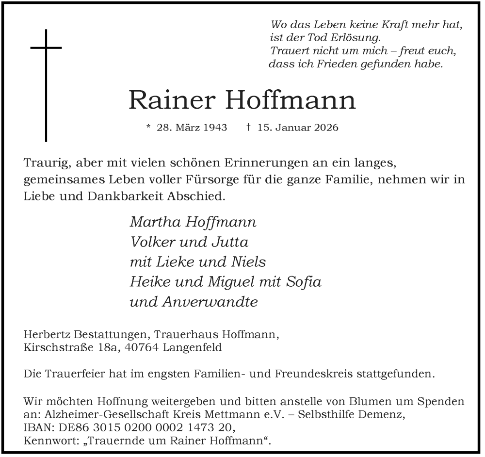  Traueranzeige für Rainer Hoffmann vom 24.01.2026 aus Rheinische Post