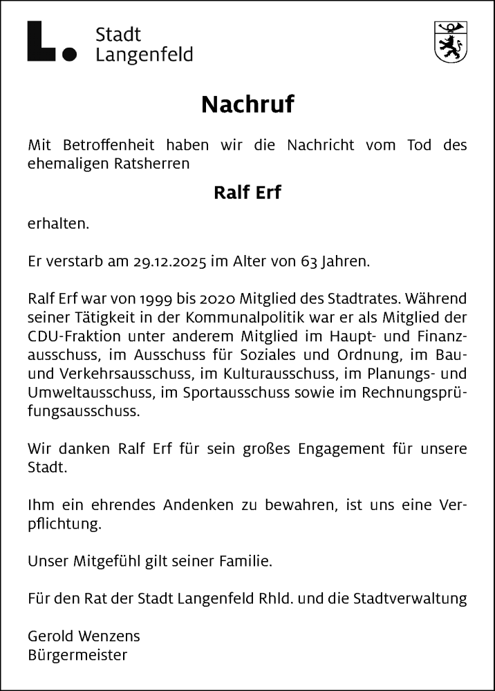  Traueranzeige für Ralf Erf vom 17.01.2026 aus Rheinische Post