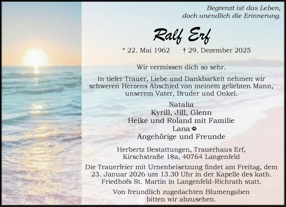  Traueranzeige für Ralf Erf vom 17.01.2026 aus Rheinische Post