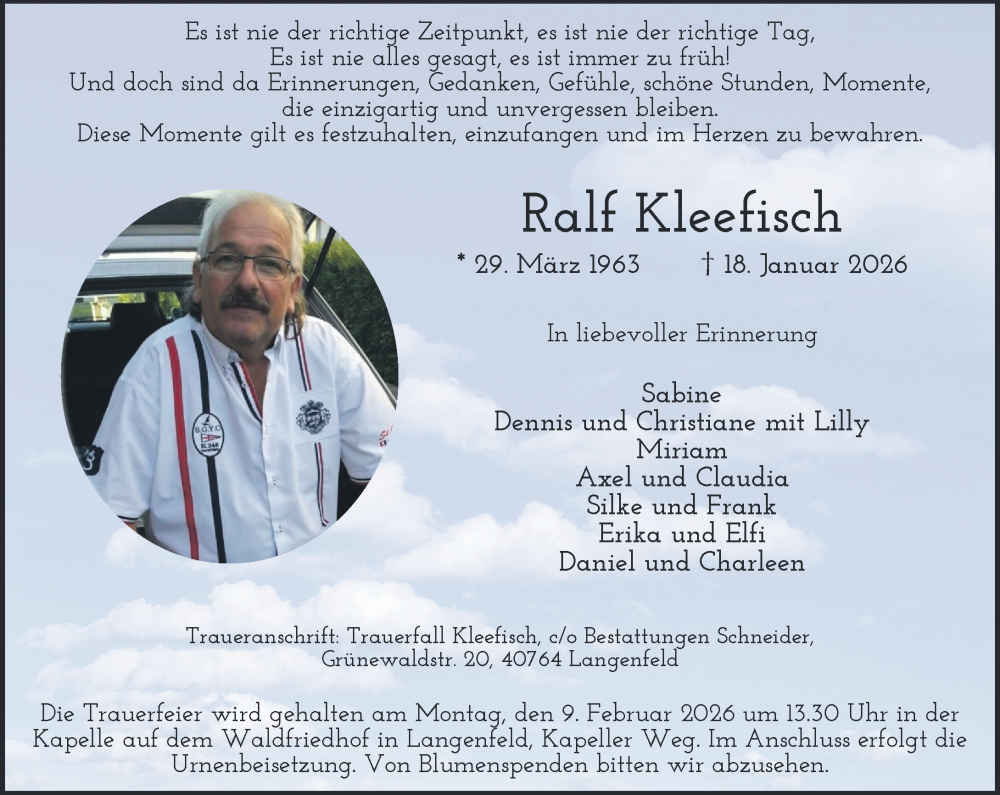  Traueranzeige für Ralf Kleefisch vom 31.01.2026 aus Rheinische Post