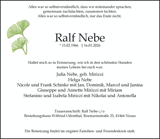 Traueranzeige von Ralf Nebe von Rheinische Post