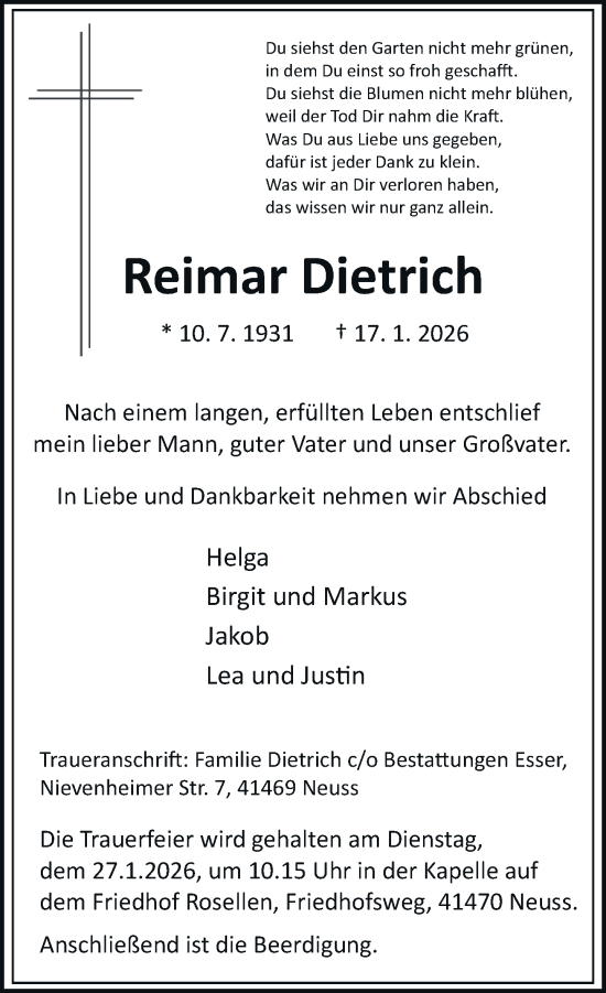 Traueranzeige von Reimar Dietrich von Rheinische Post