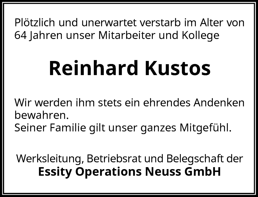  Traueranzeige für Reinhard Kustos vom 07.02.2026 aus Rheinische Post