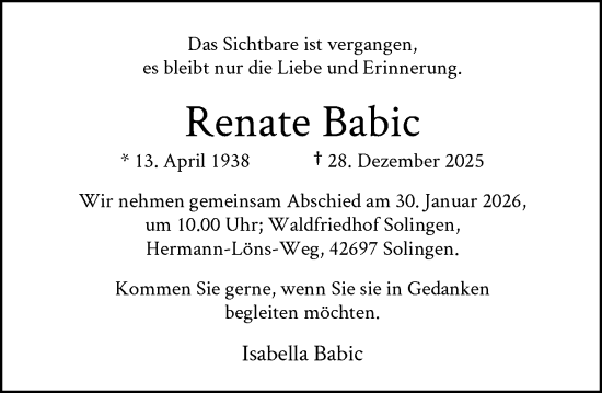 Traueranzeige von Renate Babic von Rheinische Post
