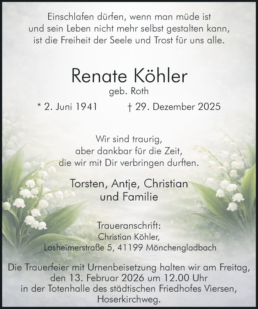  Traueranzeige für Renate Köhler vom 07.02.2026 aus Rheinische Post