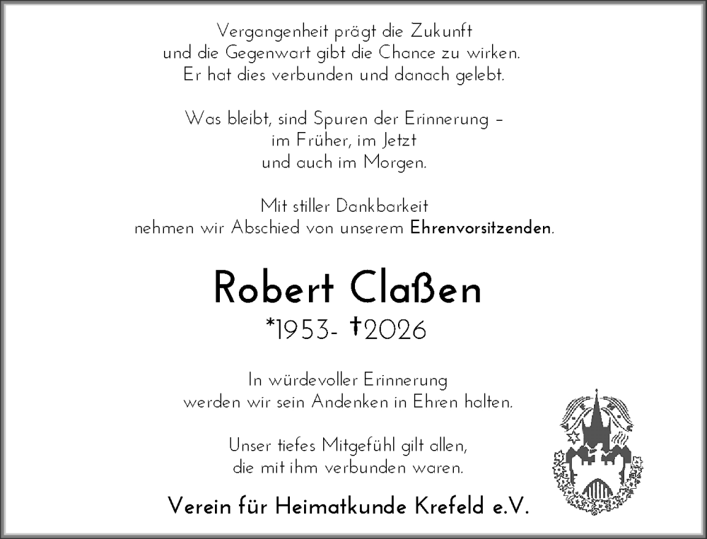  Traueranzeige für Robert Claßen vom 24.01.2026 aus Rheinische Post