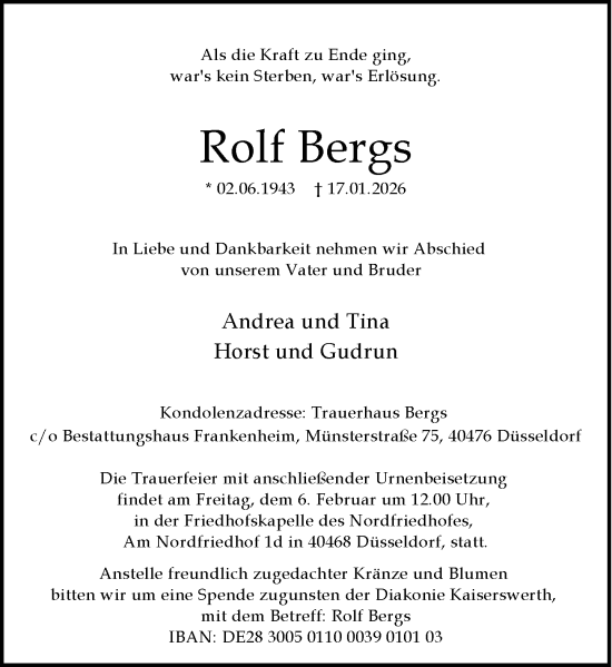 Traueranzeige von Rolf Bergs von Rheinische Post
