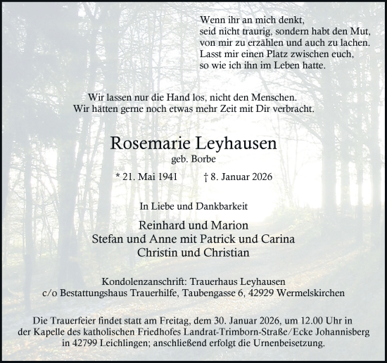 Traueranzeige von Rosemarie Leyhausen von Rheinische Post