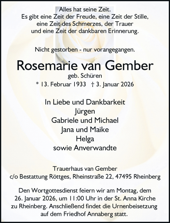 Traueranzeige von Rosemarie van Gember von Rheinische Post