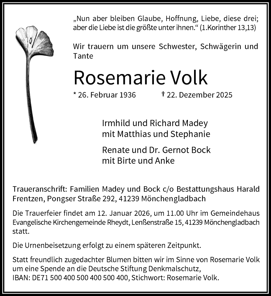  Traueranzeige für Rosemarie Volk vom 03.01.2026 aus Rheinische Post