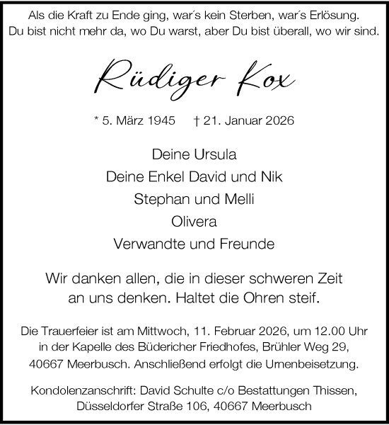 Traueranzeige von Rüdiger Kox von Rheinische Post