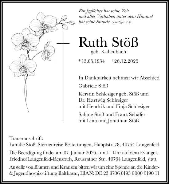 Traueranzeige von Ruth Stoß von Rheinische Post