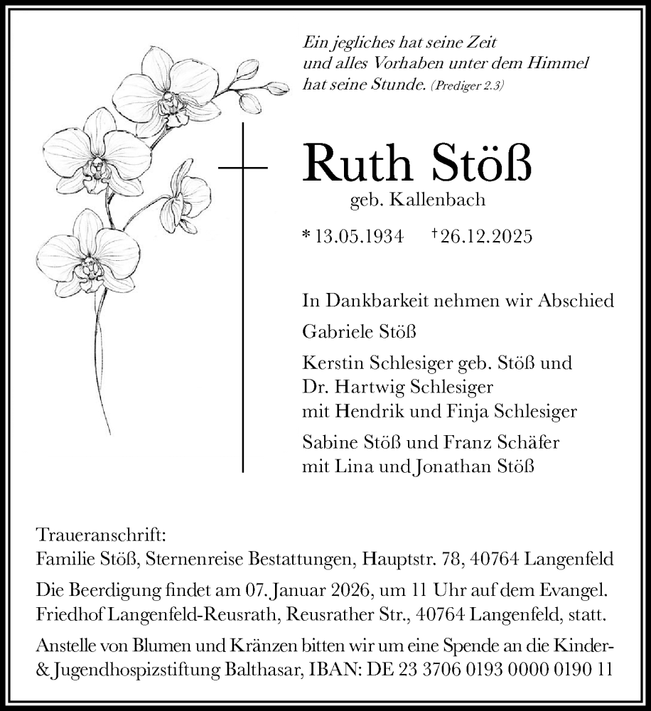  Traueranzeige für Ruth Stoß vom 03.01.2026 aus Rheinische Post