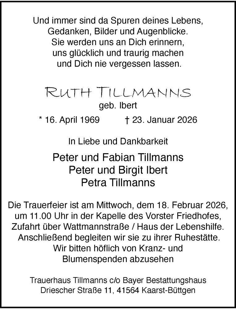  Traueranzeige für Ruth Tillmanns vom 31.01.2026 aus Rheinische Post