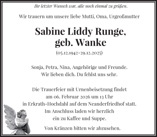 Traueranzeige von Sabine Liddy Runge von Rheinische Post