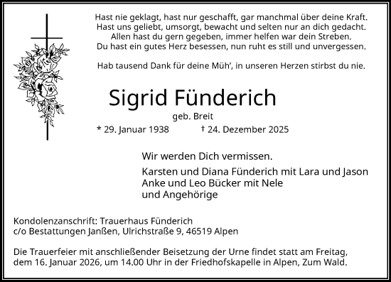 Traueranzeige von Sigrid Fünderich von Rheinische Post