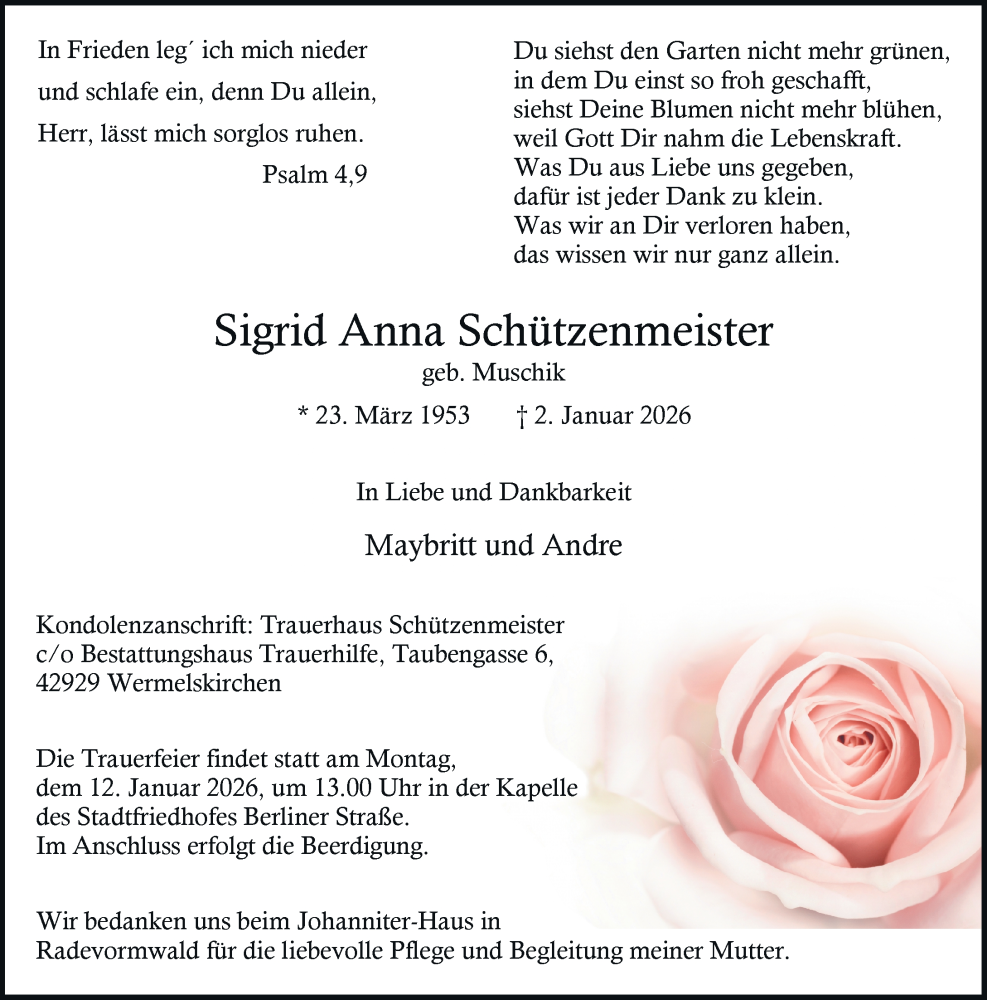  Traueranzeige für Sigrid Anna Schützenmeister vom 10.01.2026 aus Rheinische Post