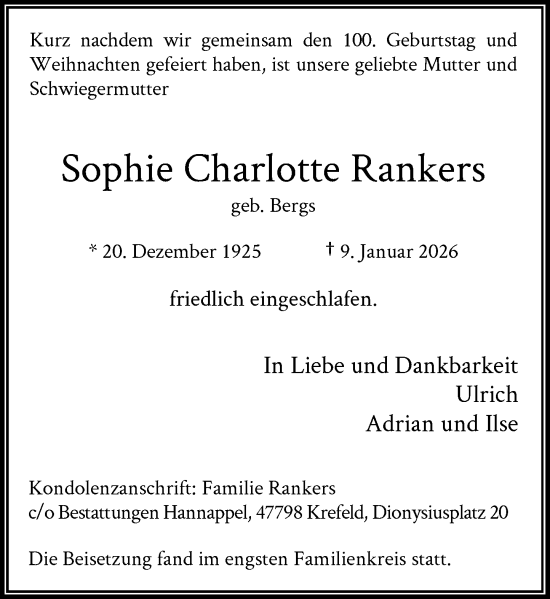 Traueranzeige von Sophie Charlotte Rankers von Rheinische Post